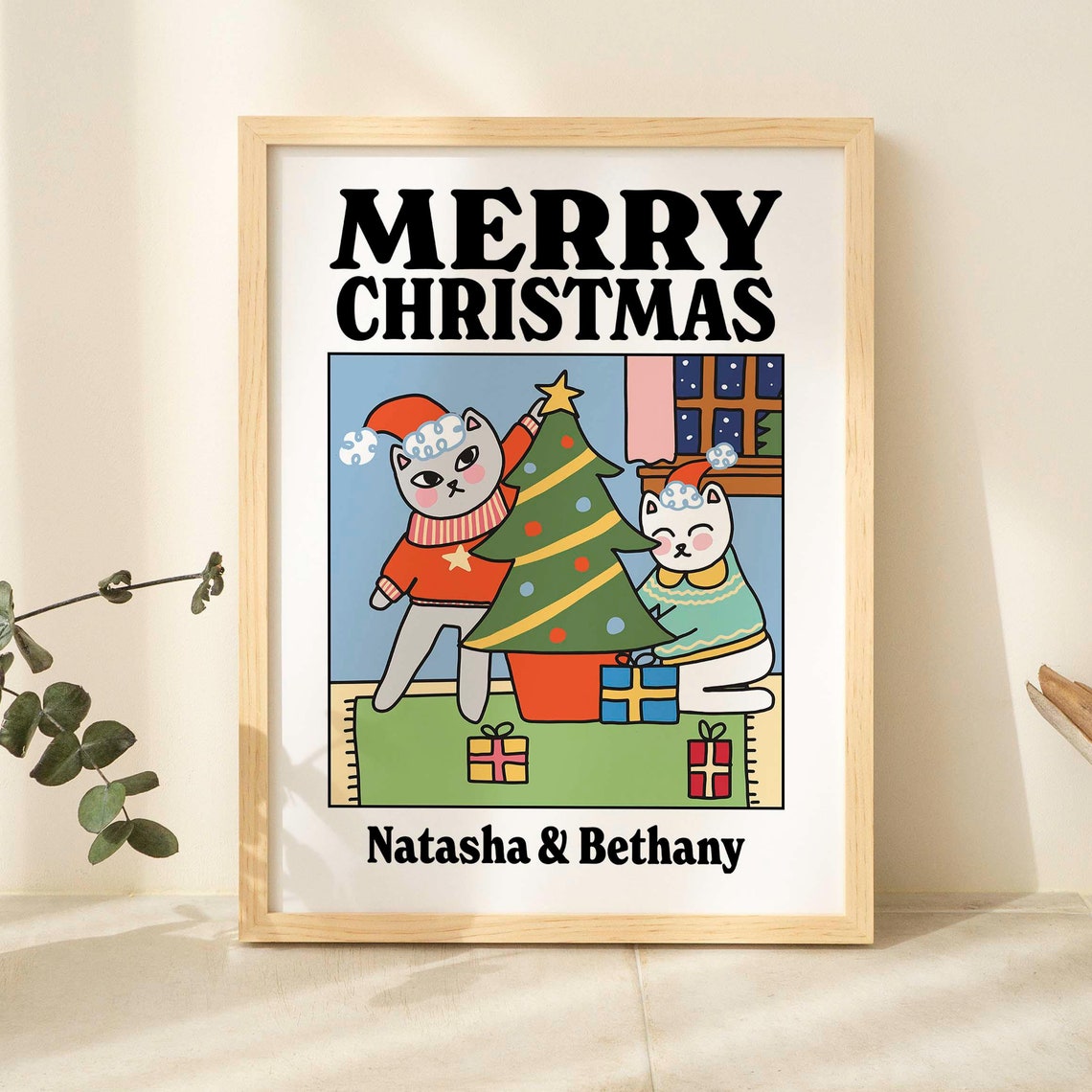 Merry Christmas Personalised Cat Print Cats Decorating Tree Gift