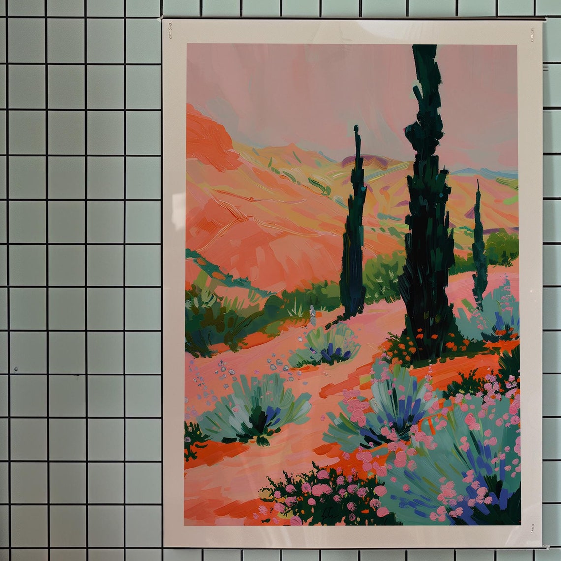 Sunset Cypress Trees Pink Wildflowers Terracotta Landscape Art Poster