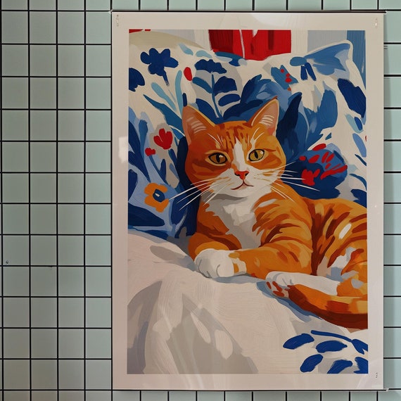 Orange Cat Poster Red Wall Art Matisse Kitsch Animal Print Dopamine Decor Trendy Bedroom
