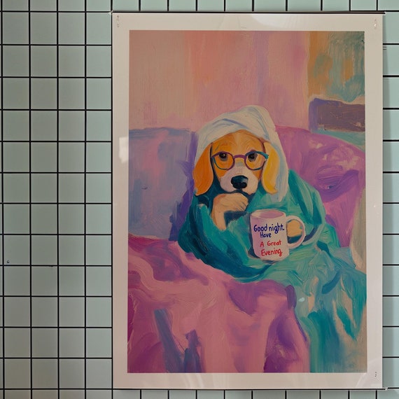 Cute Dog Art Trendy Bedroom Poster Dopamine Decor Cozy Night Kitsch Vibrant Wall Print Animal
