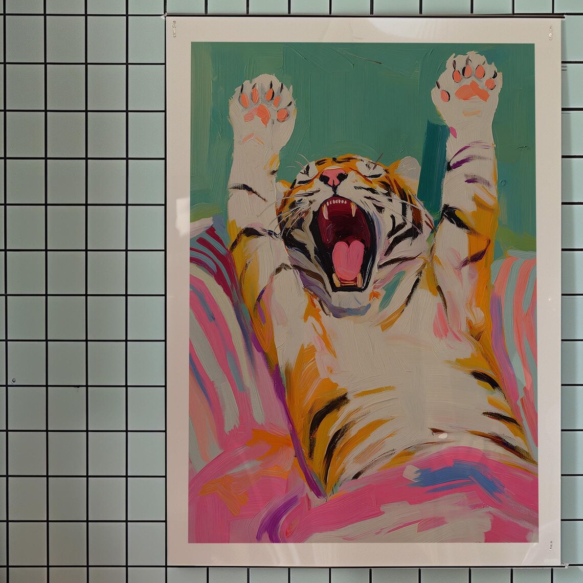 Yawning Tiger Stretching Colorful Kitsch Dopamine Decor Poster
