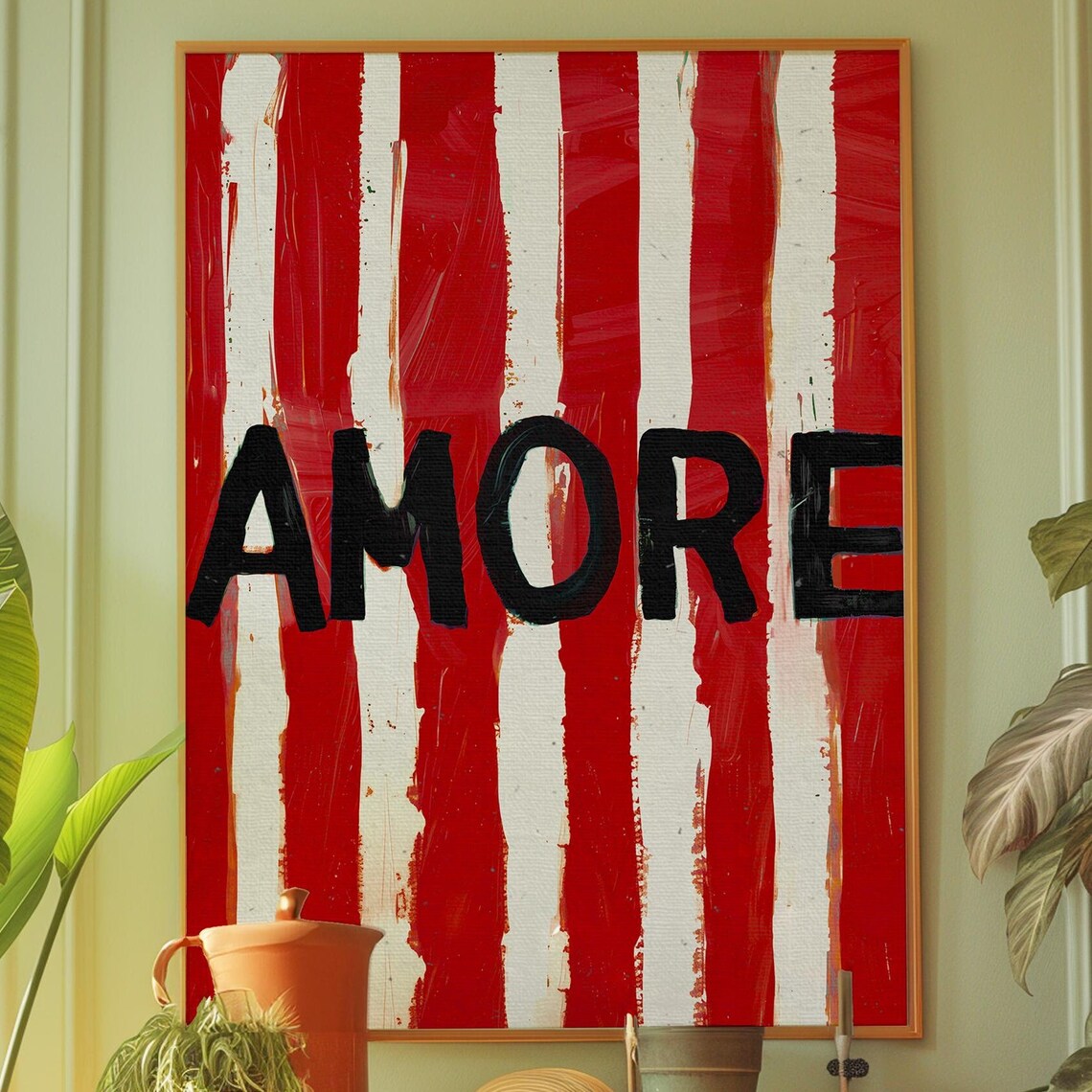 Amore Love Typography Bold Brushstroke Red White Stripe Kitchen Wall Poster