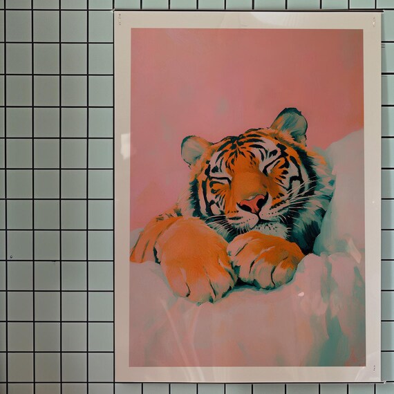 Tiger In Bed Art Print Funny Kitsch Bedroom Wall Decor