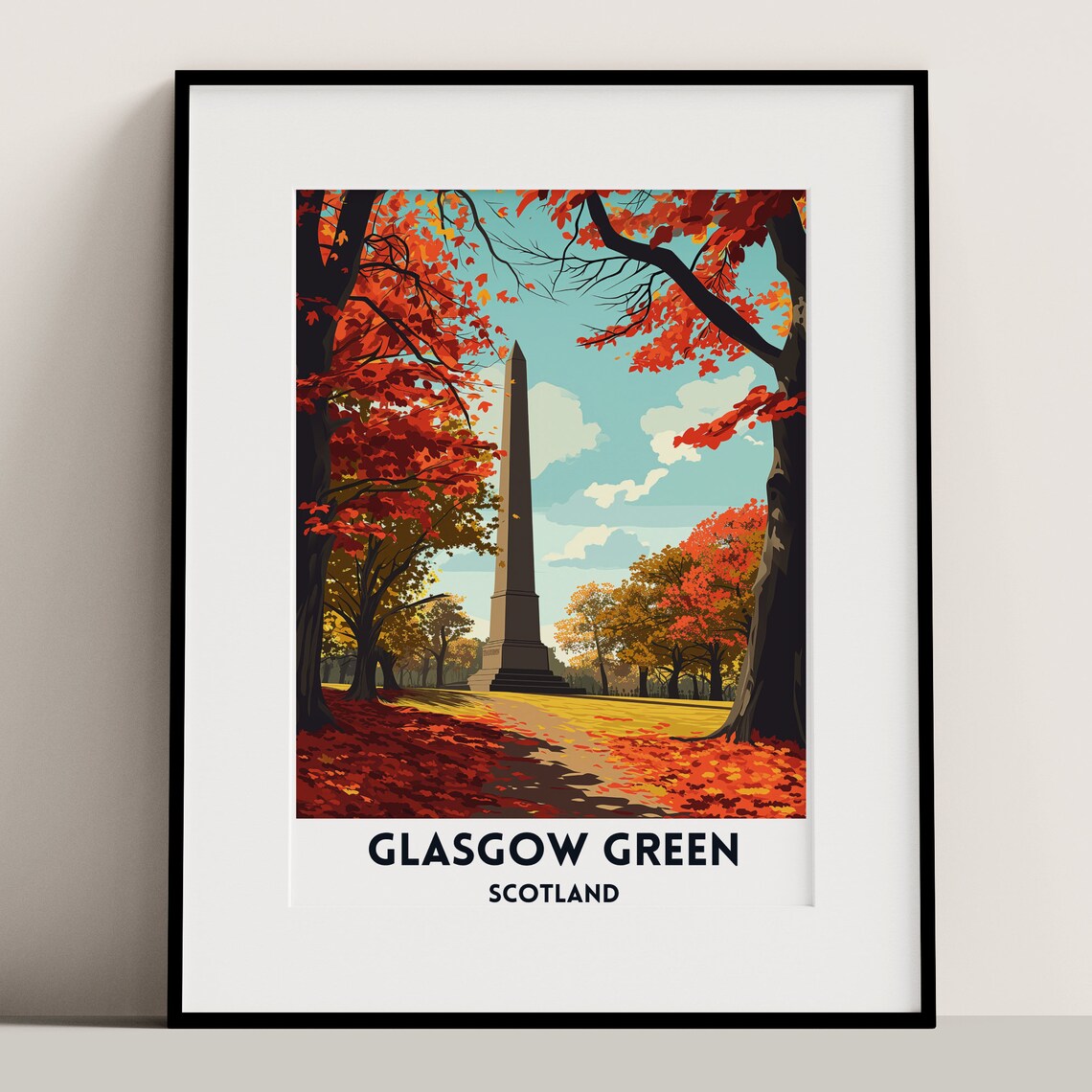 Glasgow Green Scotland Autumn Obelisk Red Trees Travel Poster
