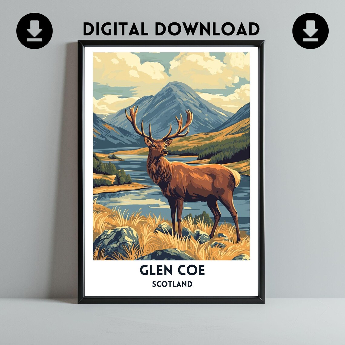 Glen Coe Scotland Red Deer Stag Mountain Landscape Travel Poster