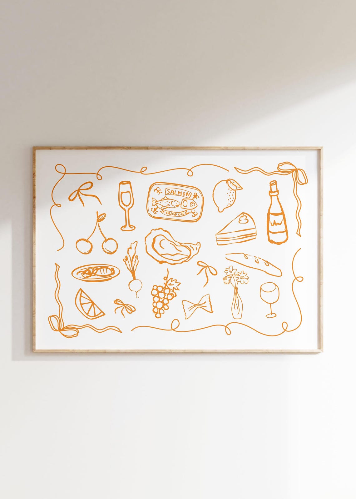 French Bistro Orange Line Art Foodie Wine Cheese Kitchen Poster