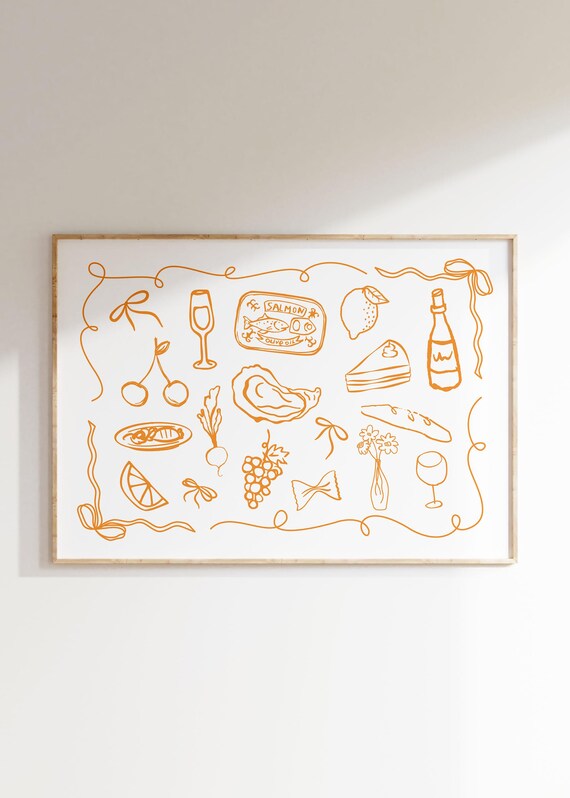 French Bistro Orange Line Art Foodie Wine Cheese Kitchen Poster