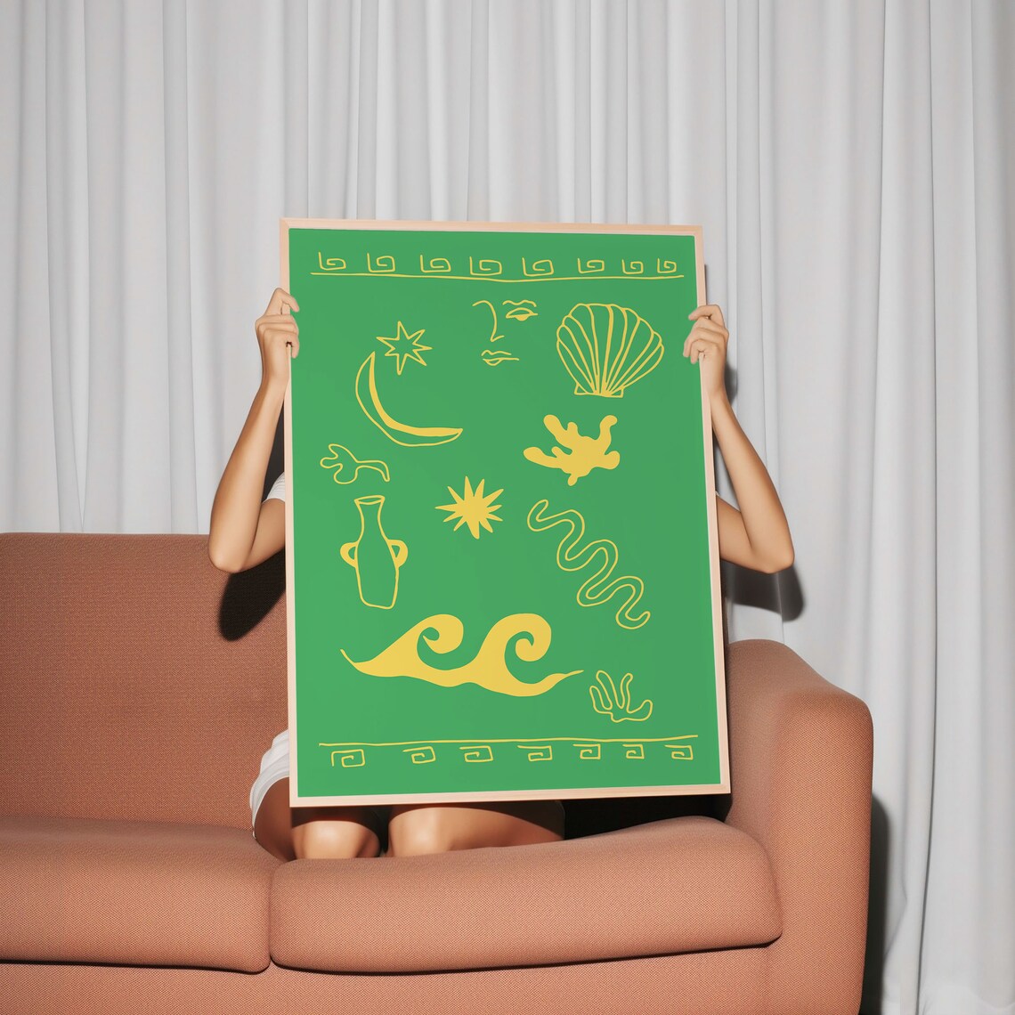 Greek Coastal Icons Gold Line Art on Green Shell Moon Poster - Image 4