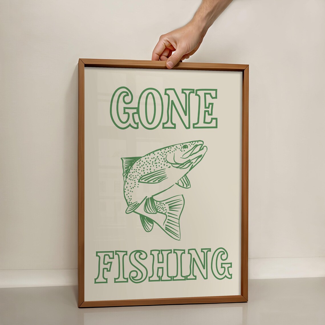 Gone Fishing Leaping Trout Line Art Green Retro Cabin Lake Poster - Image 3