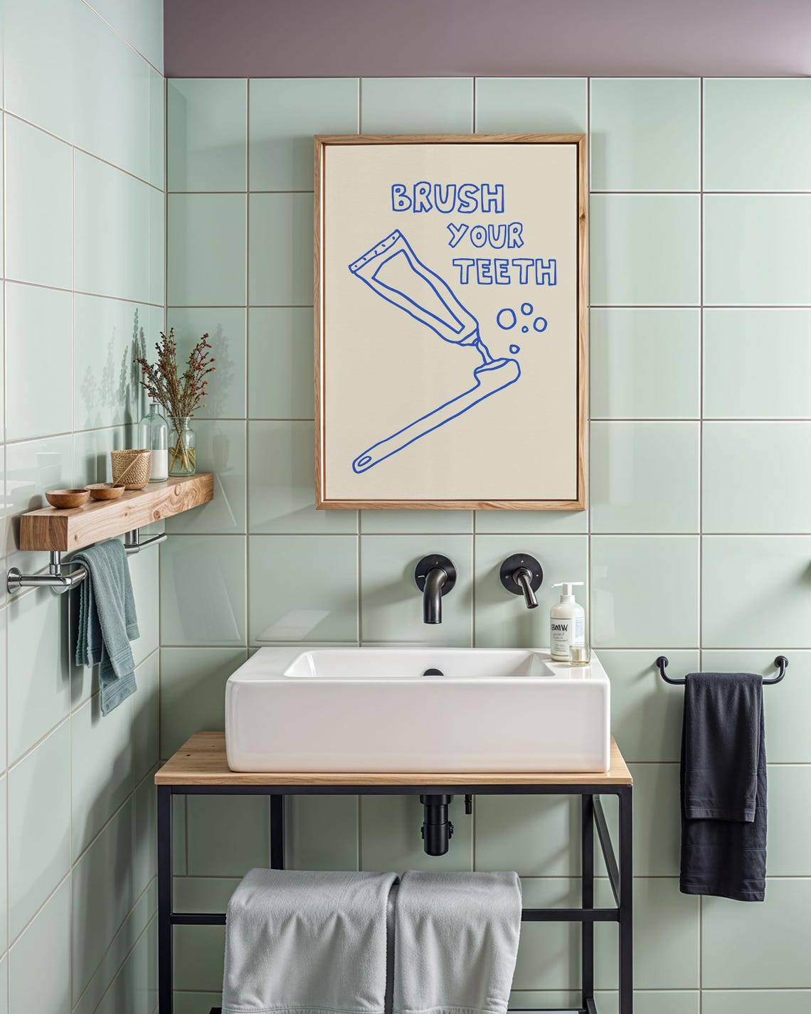 Funny Brush Your Teeth Blue Toothpaste Doodle Bathroom Print - Image 2