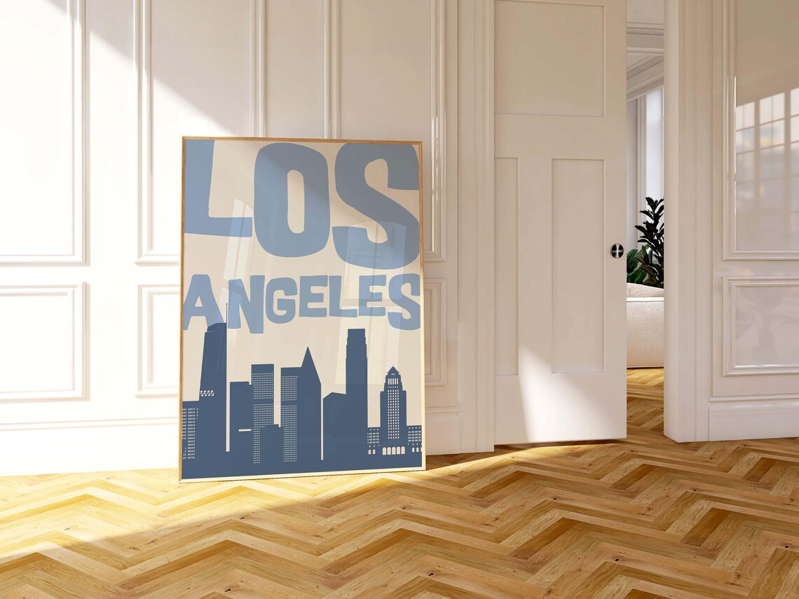 Los Angeles Skyline Minimalist Cityscape Blue Retro Art Poster - Image 2