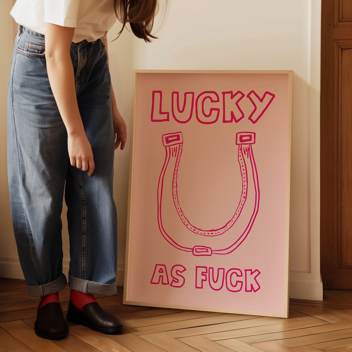 Lucky As Fuck Pink Horseshoe Outline Quote Typography Decor Poster - Image 2