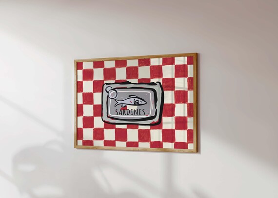Sardine Print Retro Kitchen Poster Trendy Horizontal Wall Art Vintage Food Red Checkerboard Decor Funny Fish