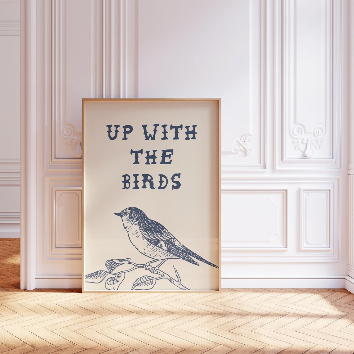 Up With the Birds Vintage Songbird Poster Blue Ink Nature Wall Decor - Image 2