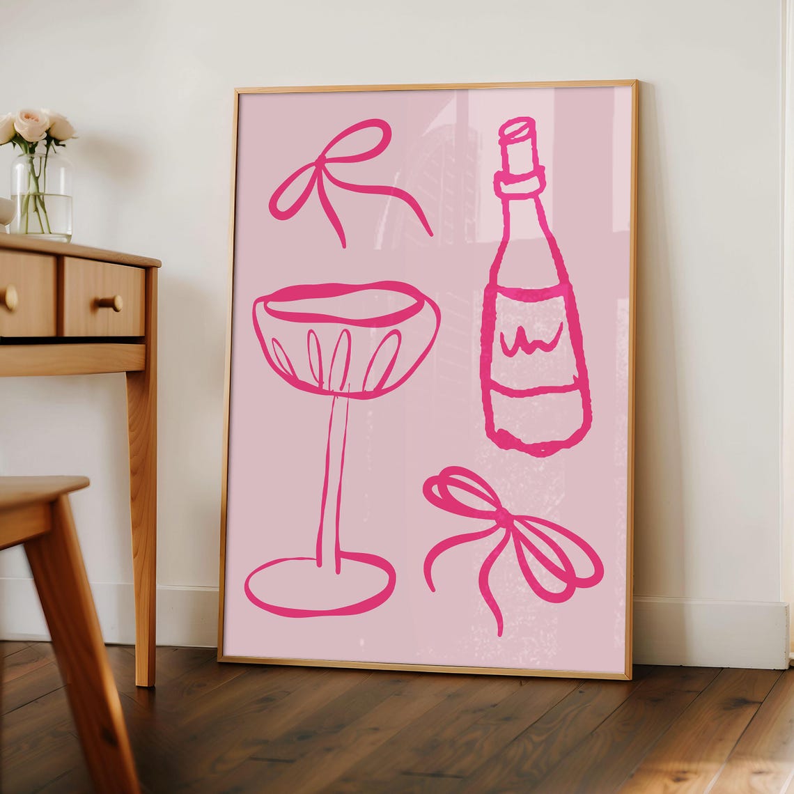 Pink Coquette Bar Cart Poster Wine Bottle Coupe Glass Bow Line Art - Image 2