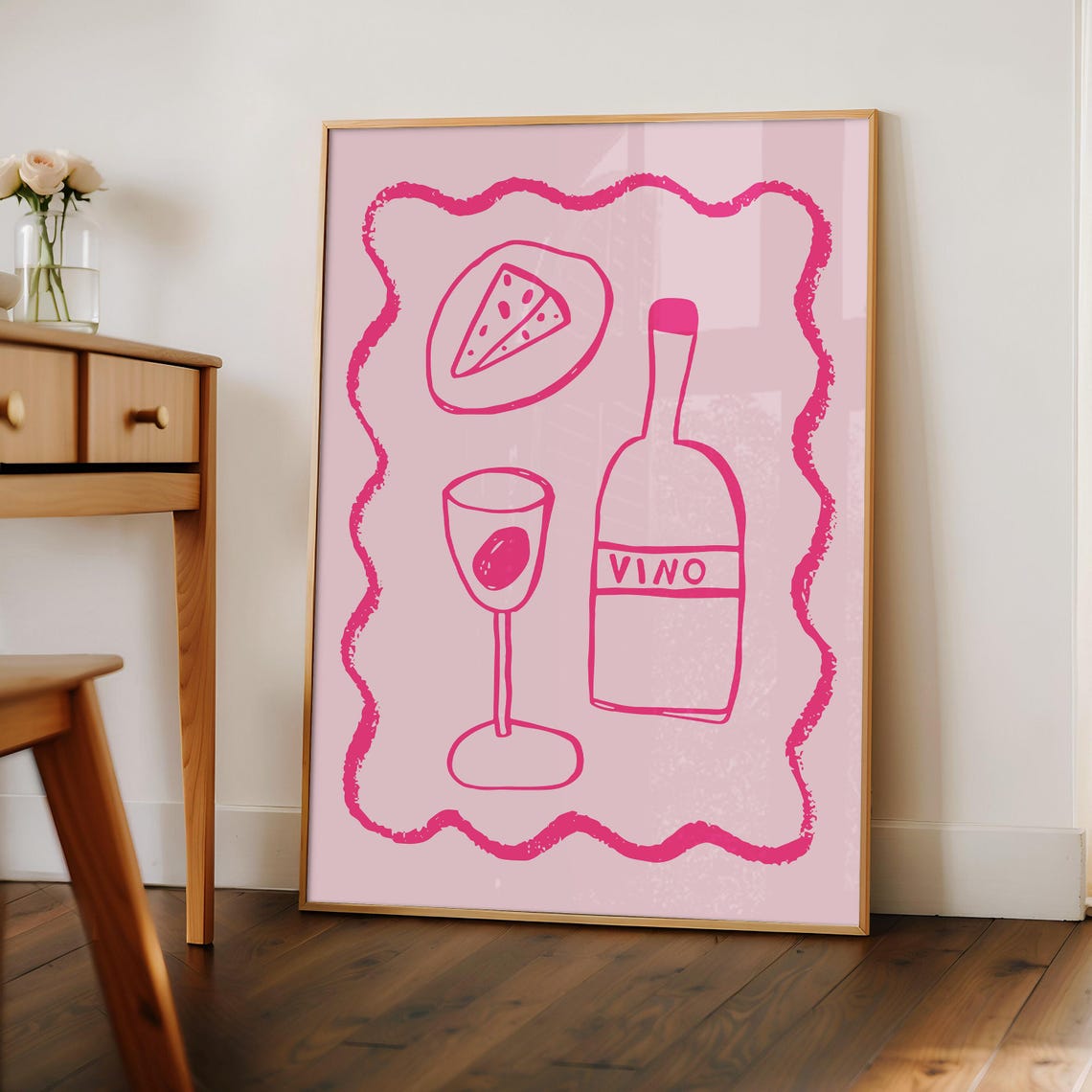 Vino Wine Bottle Cheese Poster Pink Line Art Wavy Border Kitchen Decor - Image 2