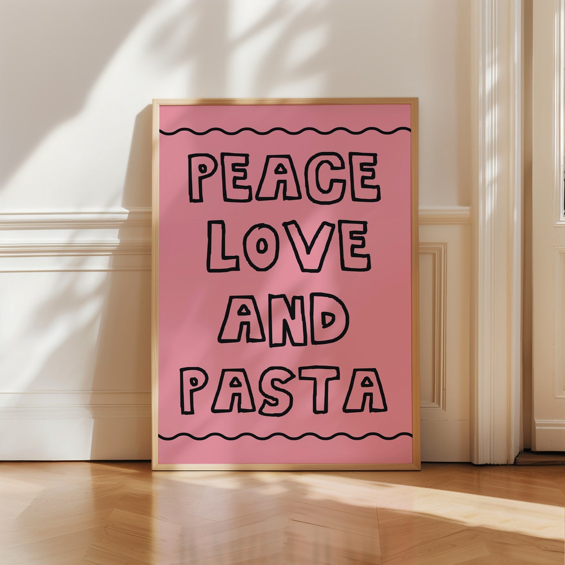 Peace Love And Pasta Hand Drawn Lettering Pink Kitchen Wall Poster - Image 2