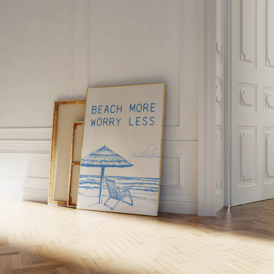 Beach More Worry Less Blue Line Art Tiki Umbrella and Ocean Poster - Image 4