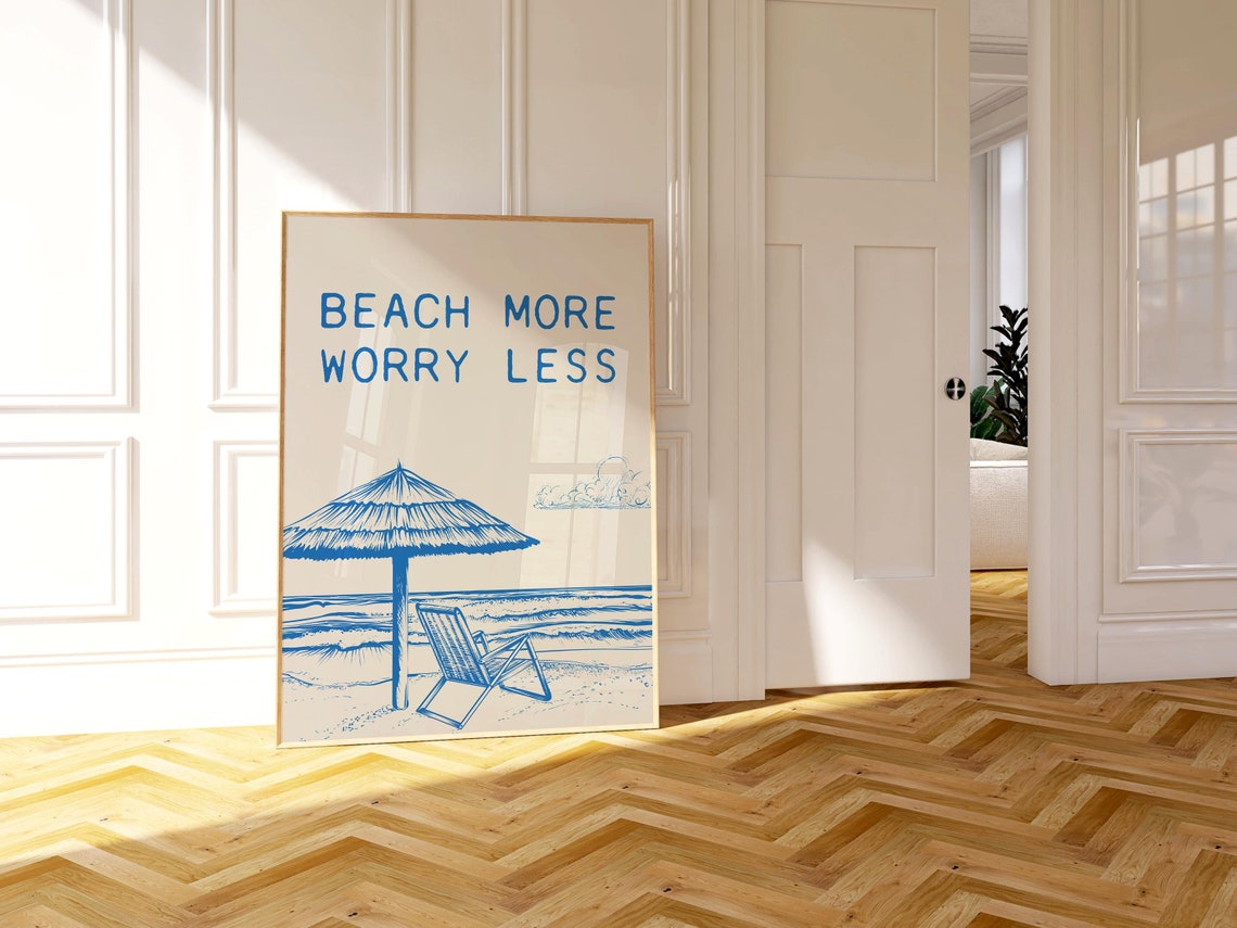 Beach More Worry Less Blue Line Art Tiki Umbrella and Ocean Poster - Image 3