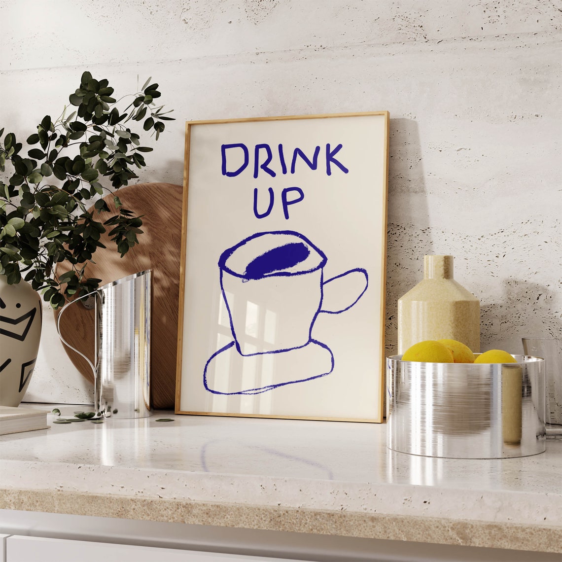 Drink Up Blue Hand Drawn Coffee Cup Minimalist Kitchen Poster - Image 4