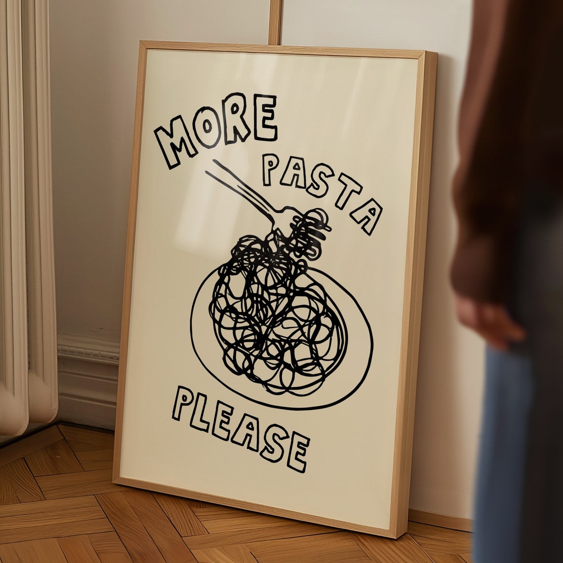 More Pasta Please Spaghetti Fork Bowl Line Art Kitchen Poster - Image 2