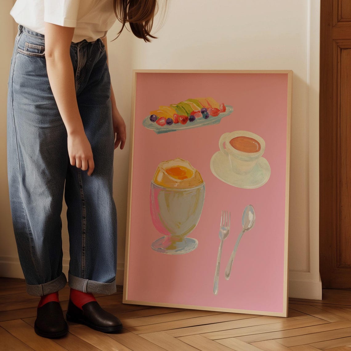 Pink Breakfast Still Life Soft Boiled Egg Pastel Kitchen Poster - Image 2