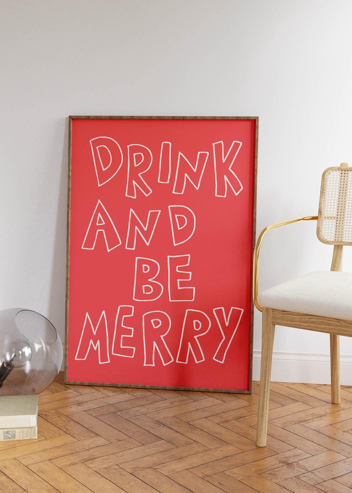 Drink And Be Merry Red Hand Lettered Typography Party Bar Poster - Image 3