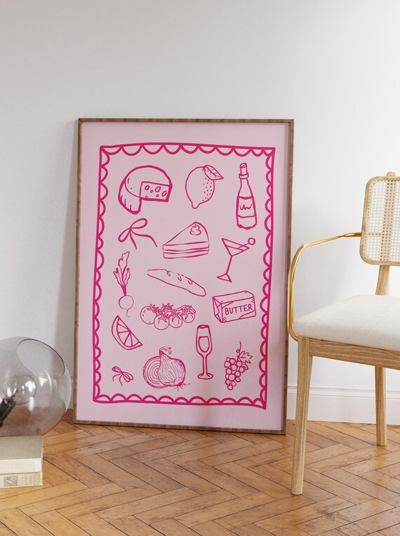Pink Kitchen Food Icons Cheese Bread Butter Art Kitchen Decor Poster
