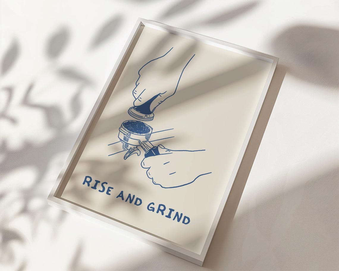 Rise And Grind Espresso Tamping Navy Line Art Coffee Lover Poster - Image 2