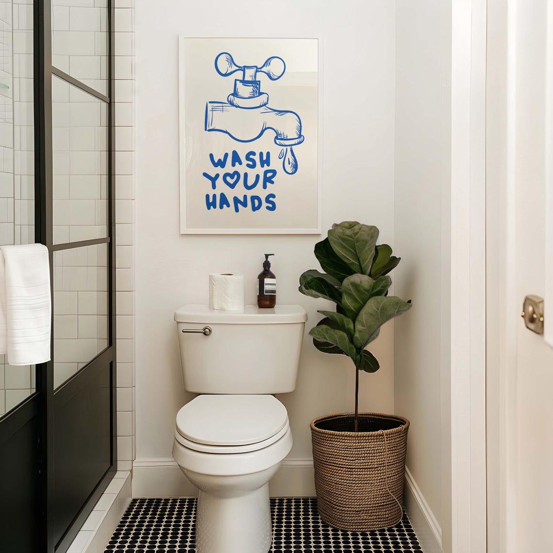 Wash Your Hands Blue Faucet Sketch Funny Bathroom Heart Poster - Image 3