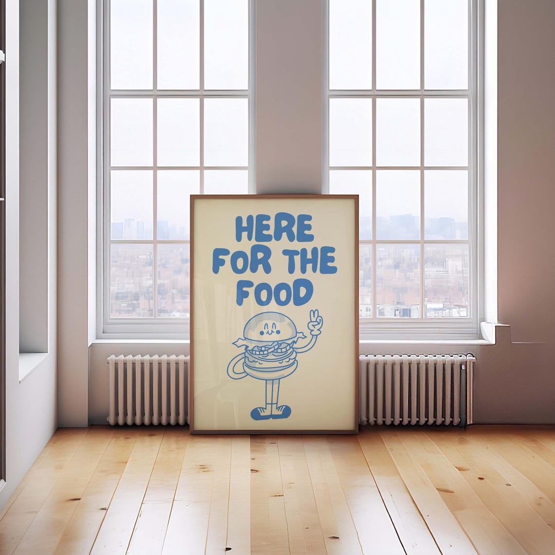 Adorable Here For The Food Burger Character Retro Blue Print - Image 2
