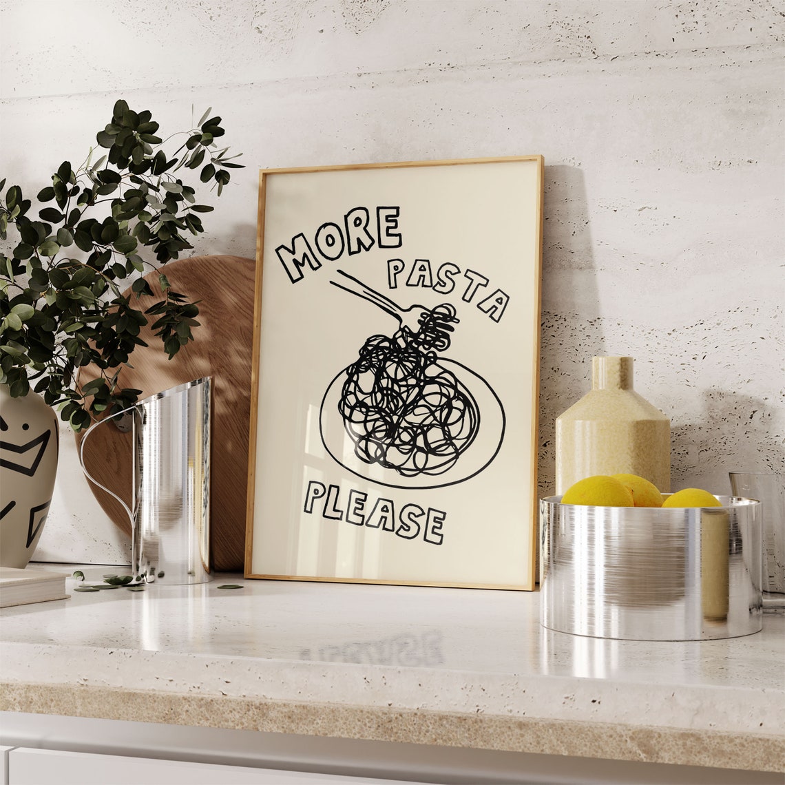 More Pasta Please Spaghetti Fork Bowl Line Art Kitchen Poster - Image 5