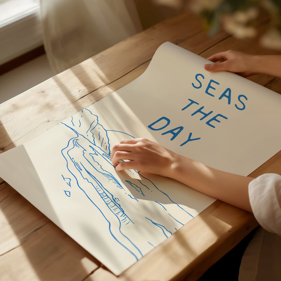 Seas The Day Blue Beach Sunset Line Drawing Home Decor Poster - Image 3
