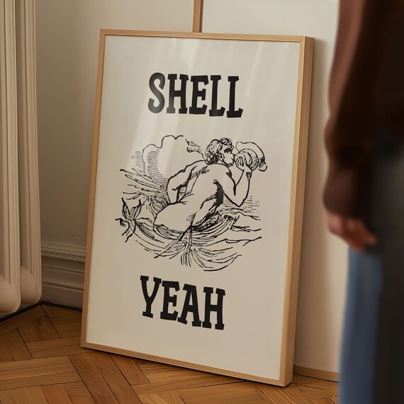 Shell Yeah Print Trendy Coastal Wall Art Cute Beach Poster Retro Print Beachy Home Decor Seashell Print Vintage Coastal Art Print