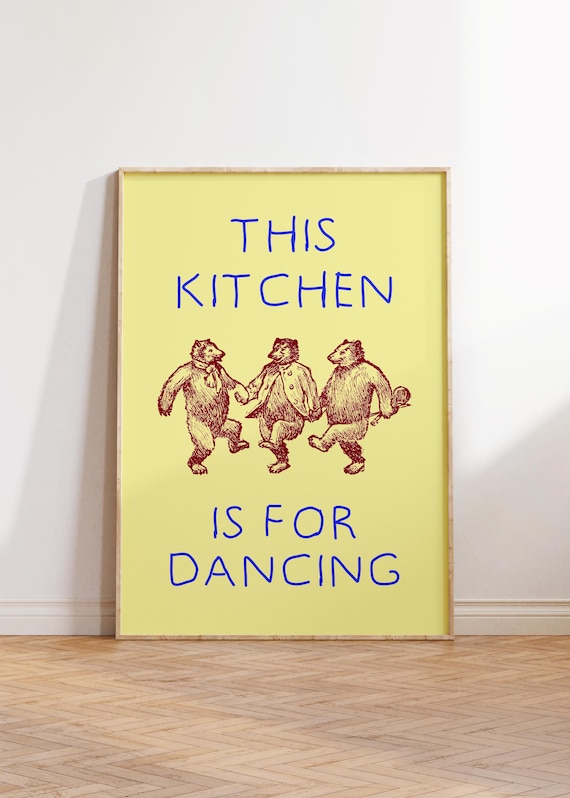 Kitchen Dancing Print Funny Bears Wall Art Eclectic Yellow Decor Maximalist Poster Vintage Illustration