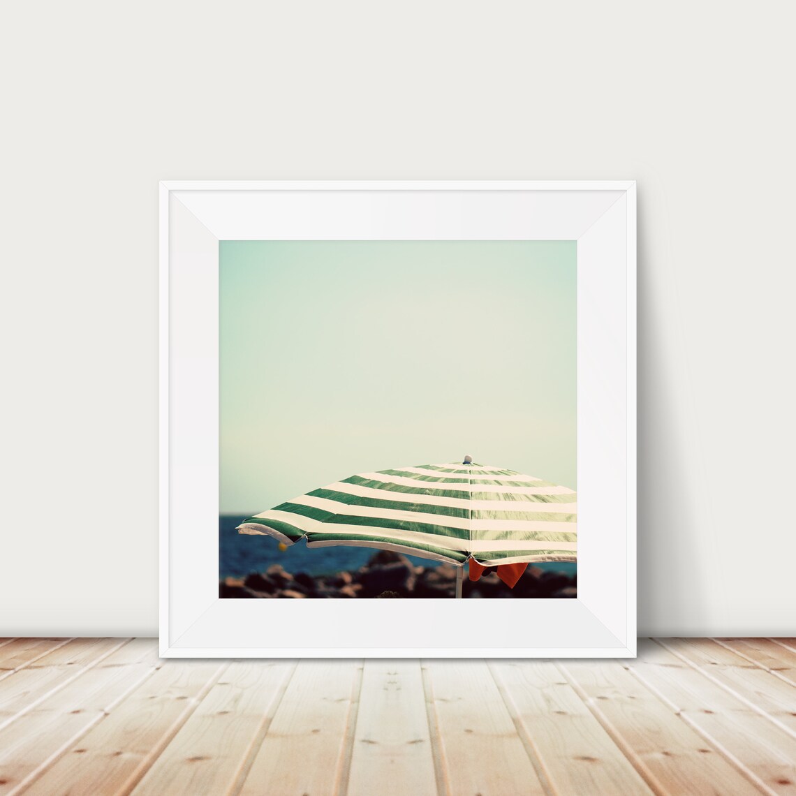 Mint Green Striped Beach Umbrella By The Ocean Photo Art Poster