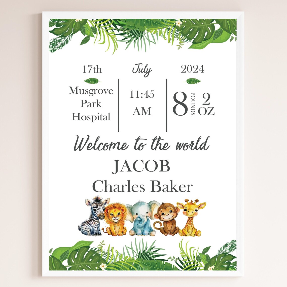 Personalised Baby Birth Details Safari Animals Nursery Poster