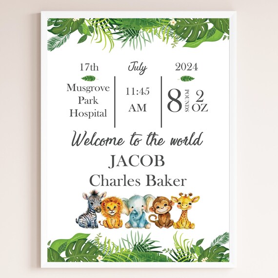 Personalised Baby Birth Details Safari Animals Nursery Poster