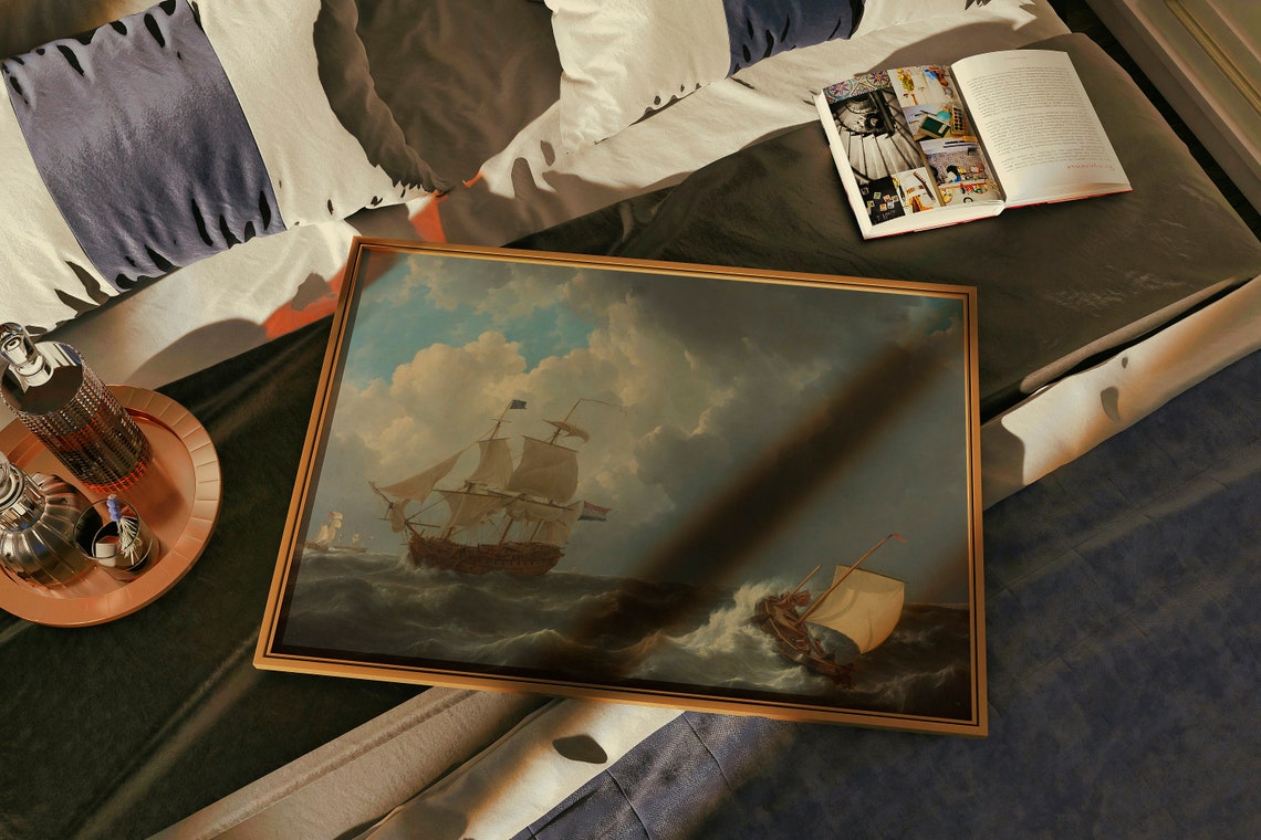 Tall Ships Battling Stormy Seas Dramatic Maritime Painting Poster - Image 2