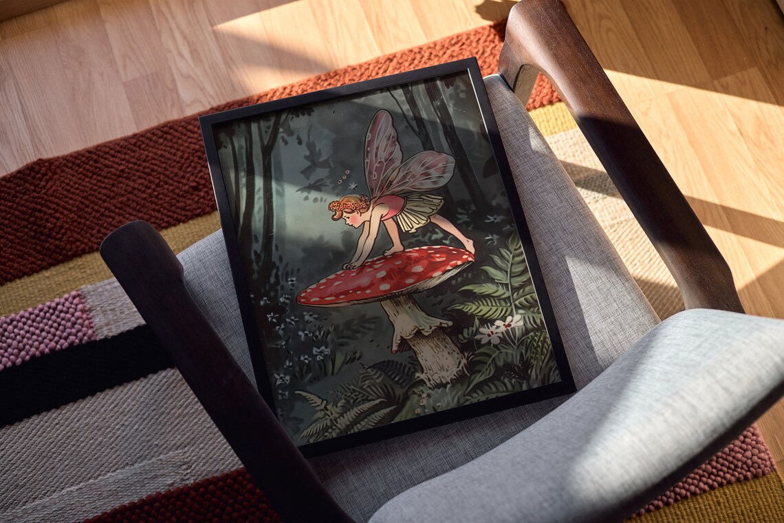 Fairy Climbing Toadstool, Storybook Illustration - Image 2