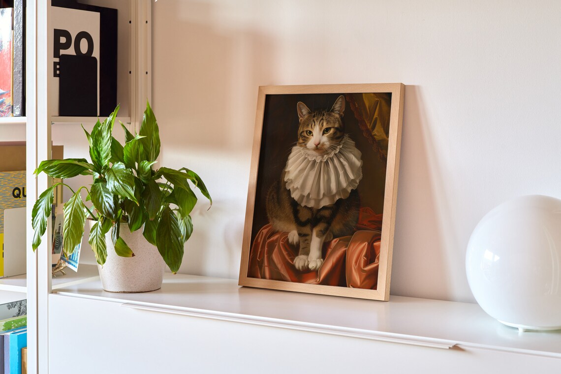 Tabby Cat Wearing Elizabethan Ruff Collar Vintage Oil Painting Poster - Image 3