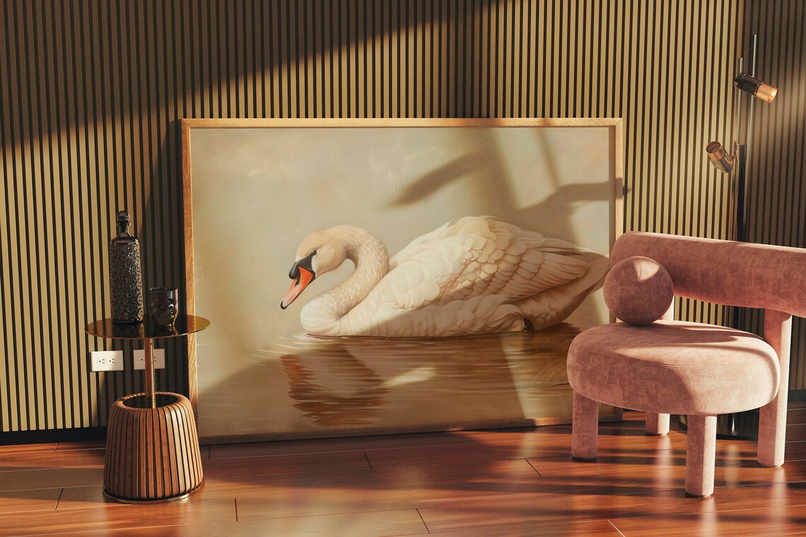 White Swan on Calm Water Neutral Beige Vintage Oil Painting Poster - Image 2