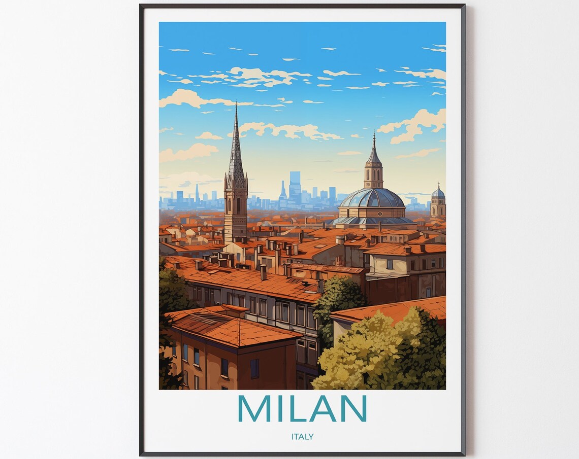 Milan Italy Skyline Poster with Rooftops Gothic Spire and Dome