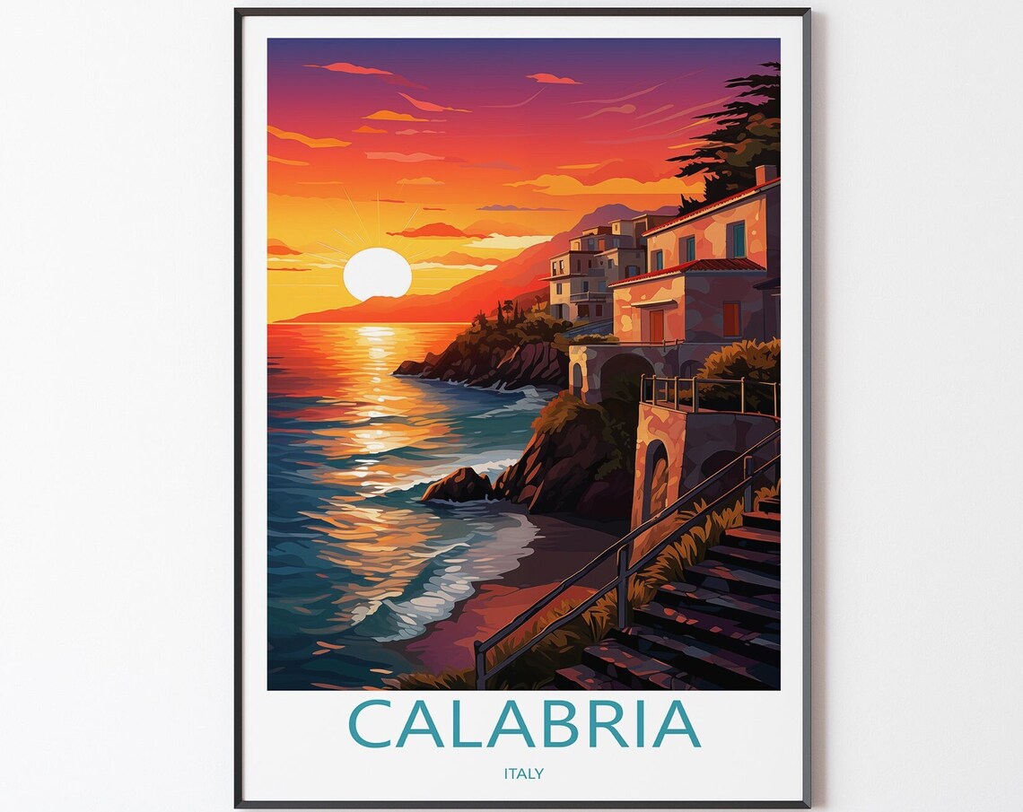 Calabria Italy Coastal Sunset Cliffside Town Stone Steps Poster