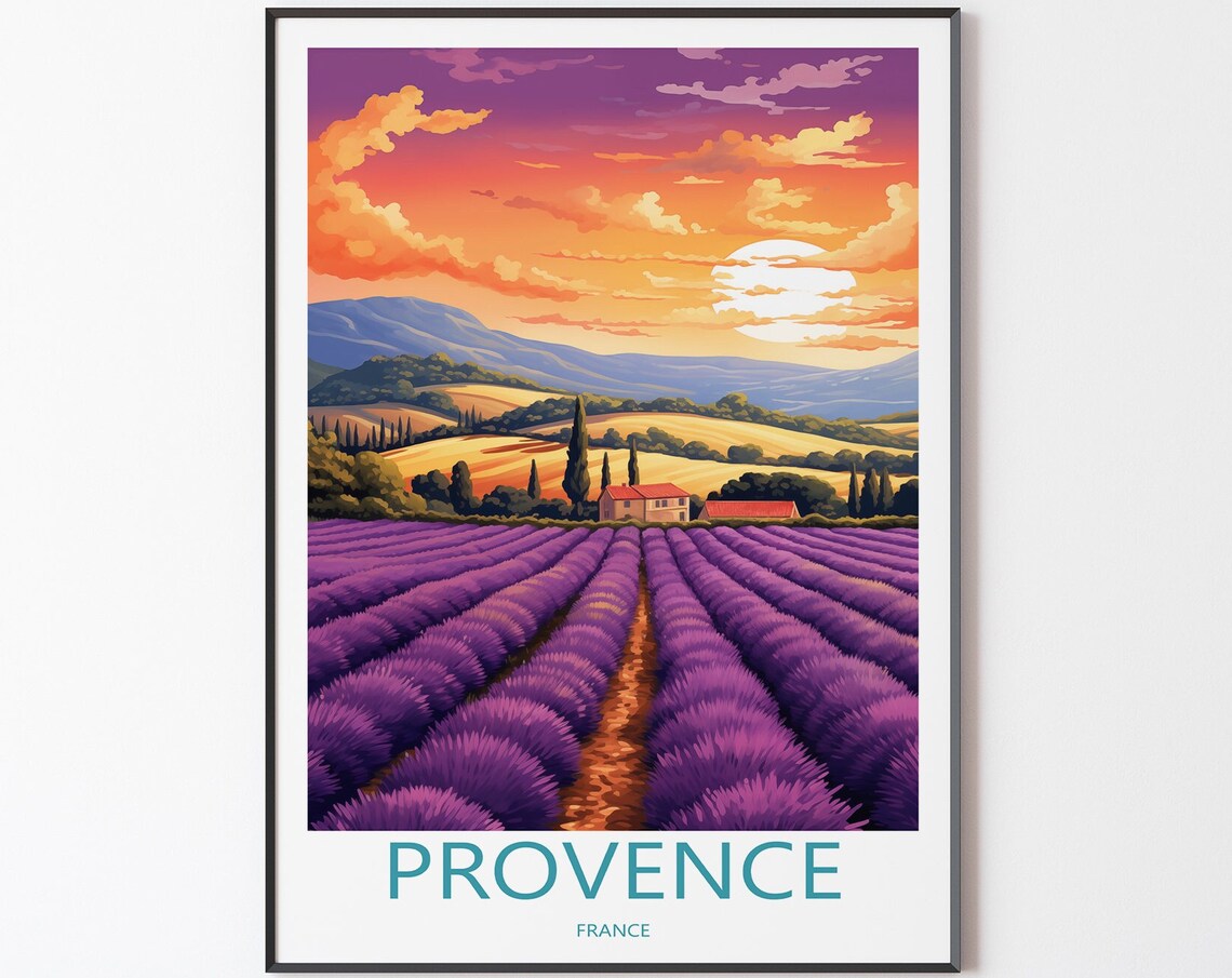 Provence Lavender Fields Glowing at Sunset France Travel Poster
