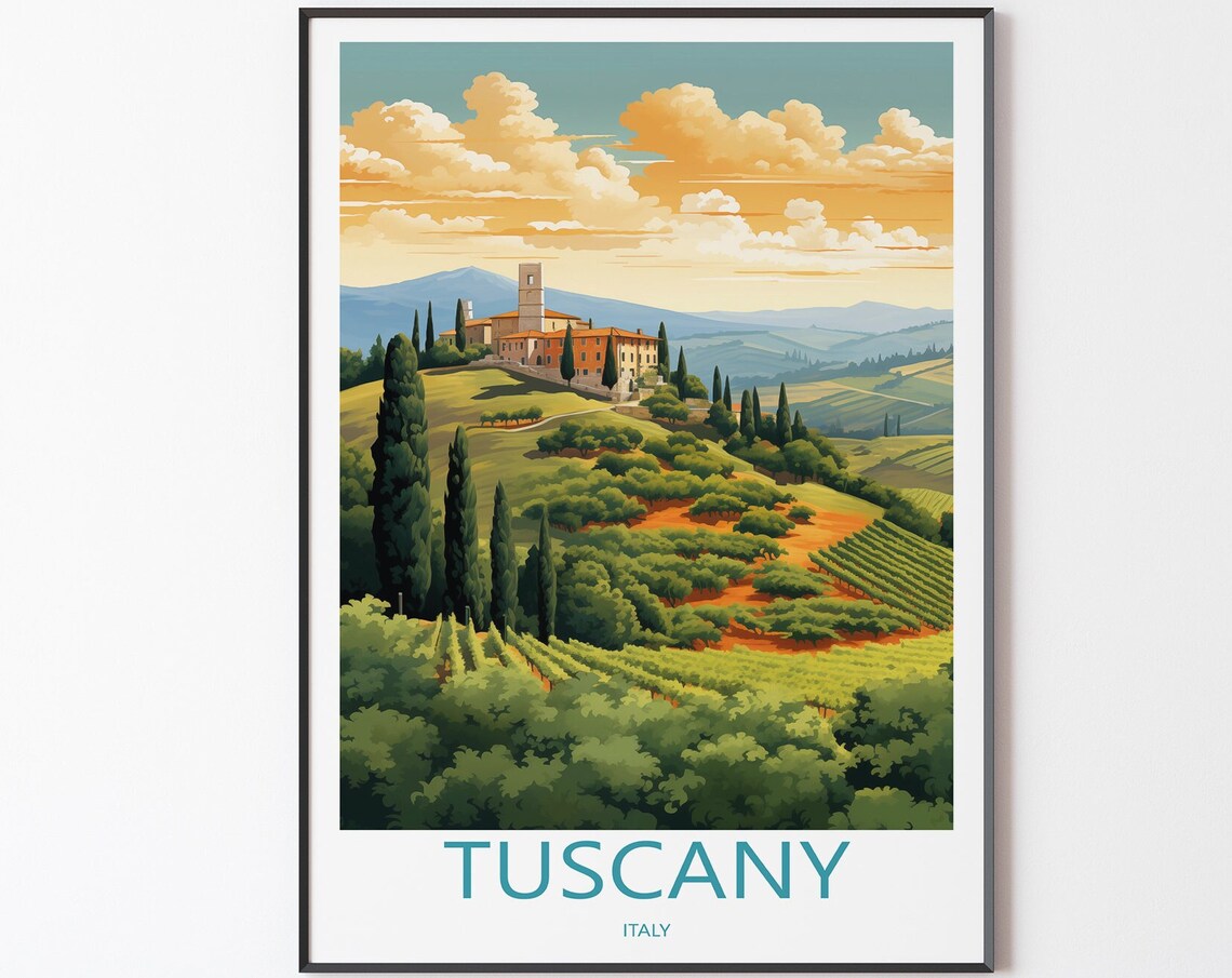 Tuscany Italy Vineyard Poster with Hilltop Villa and Cypress Trees