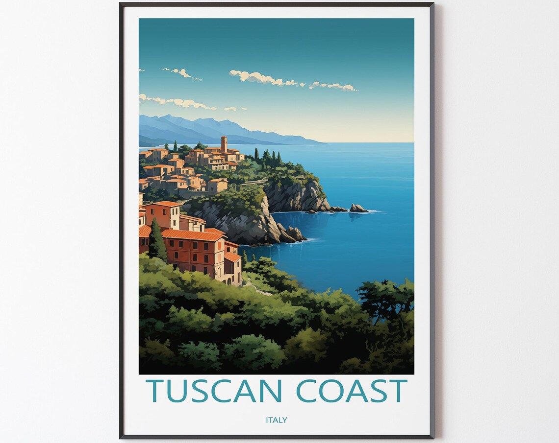Tuscan Coast Italy Poster with Cliffside Village and Blue Sea
