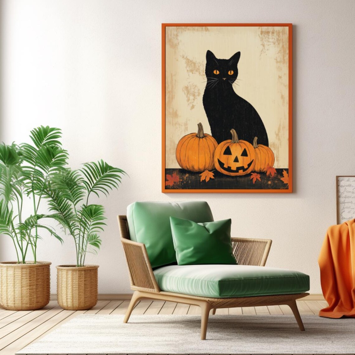 Black Cat with Amber Eyes Pumpkins and Jack O Lantern Halloween Poster - Image 3