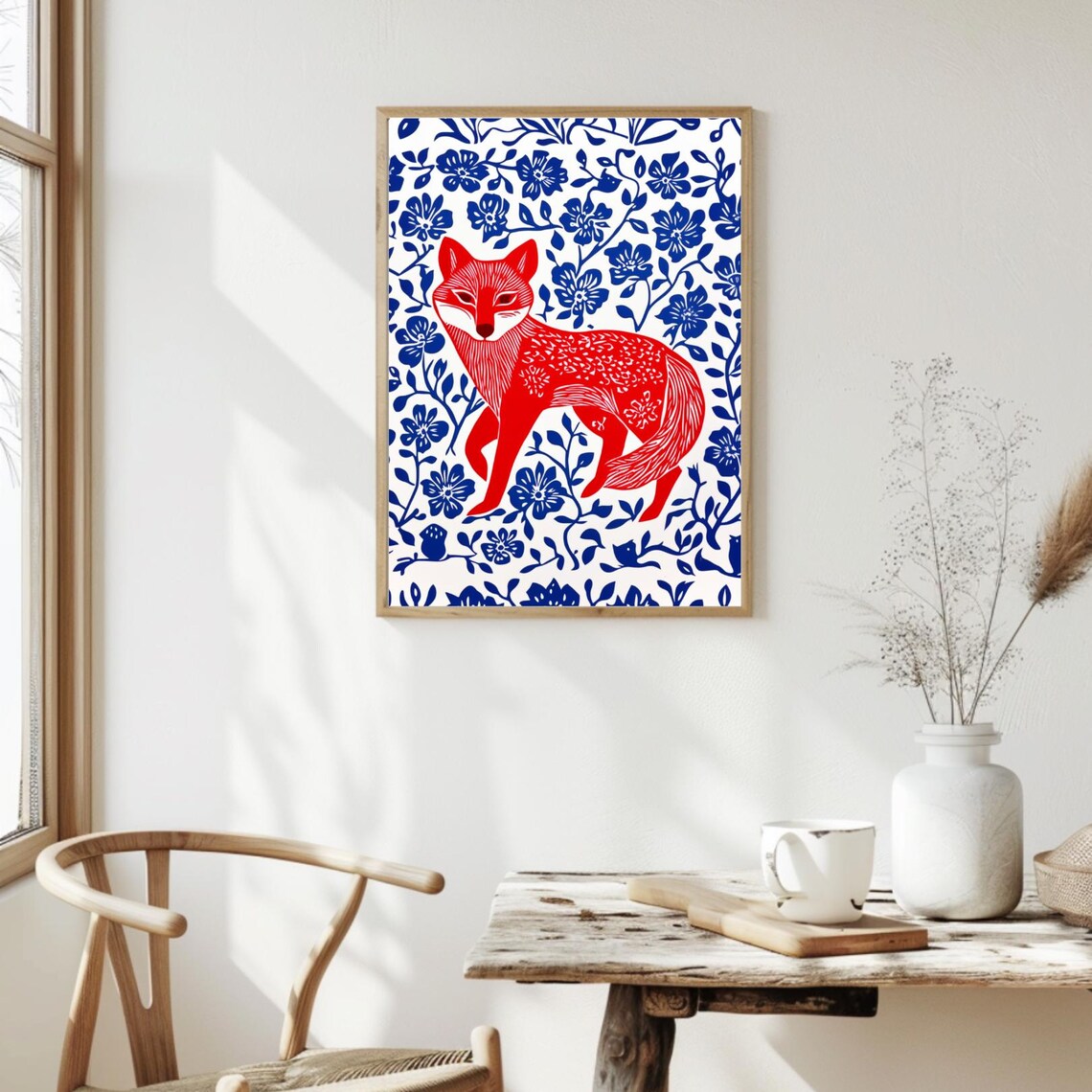Vivid Red Fox Folk Art Linocut Blue Floral Woodland Scene Poster - Image 2