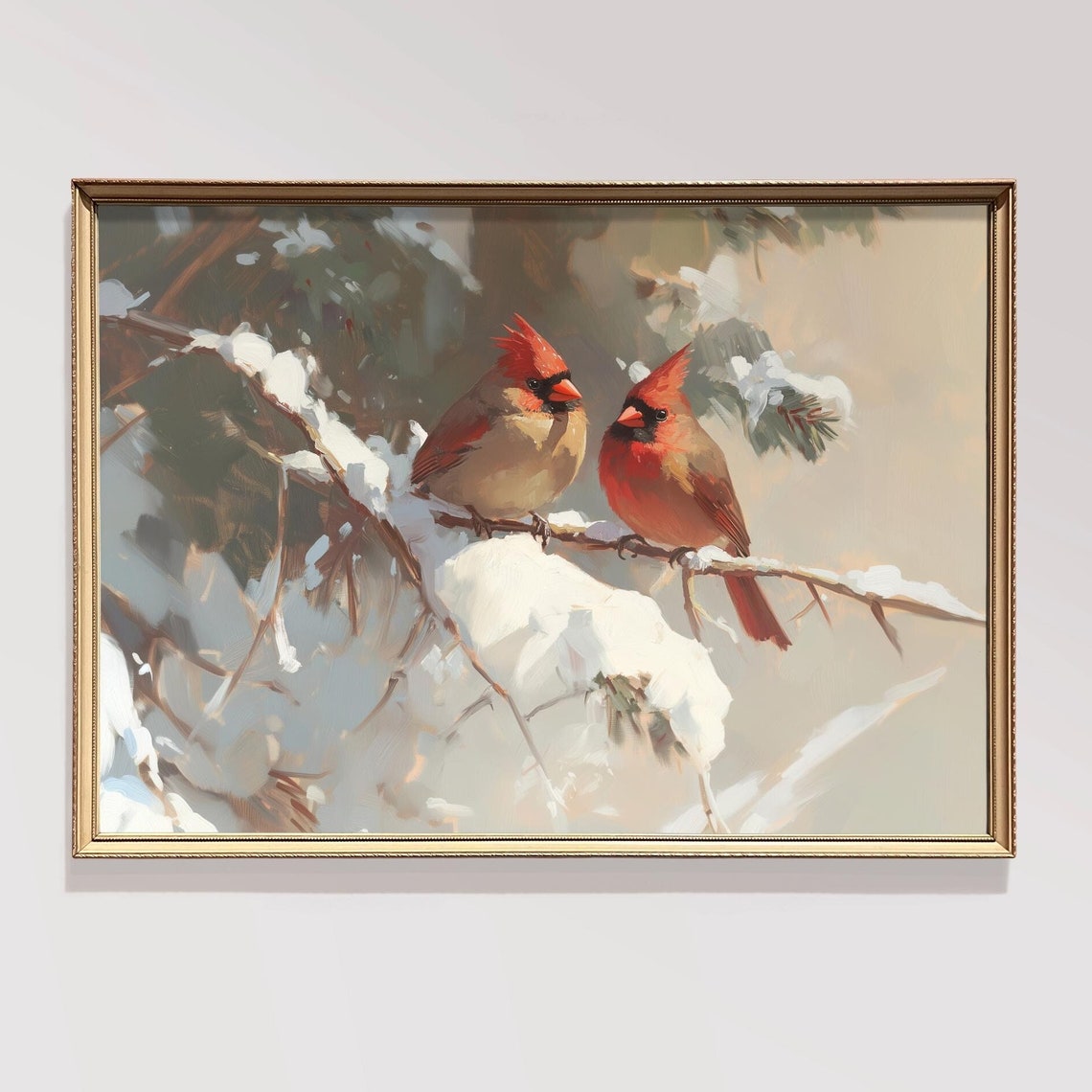 Two Cardinals on Snowy Branches Winter Bird Oil Painting Poster